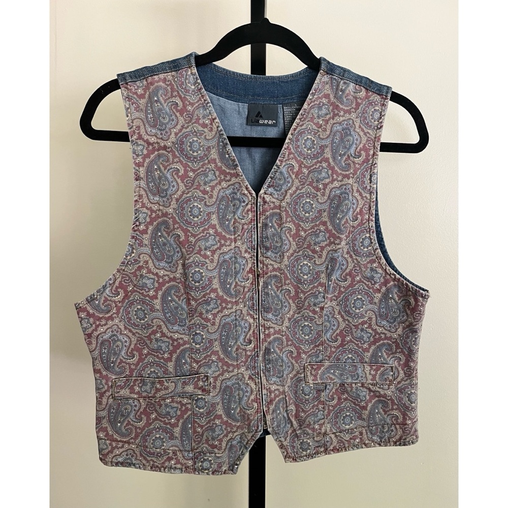 Vintage 90s Liz Claiborne Denim Paisley Vest Zip Western Boho 100% Cotton Size S